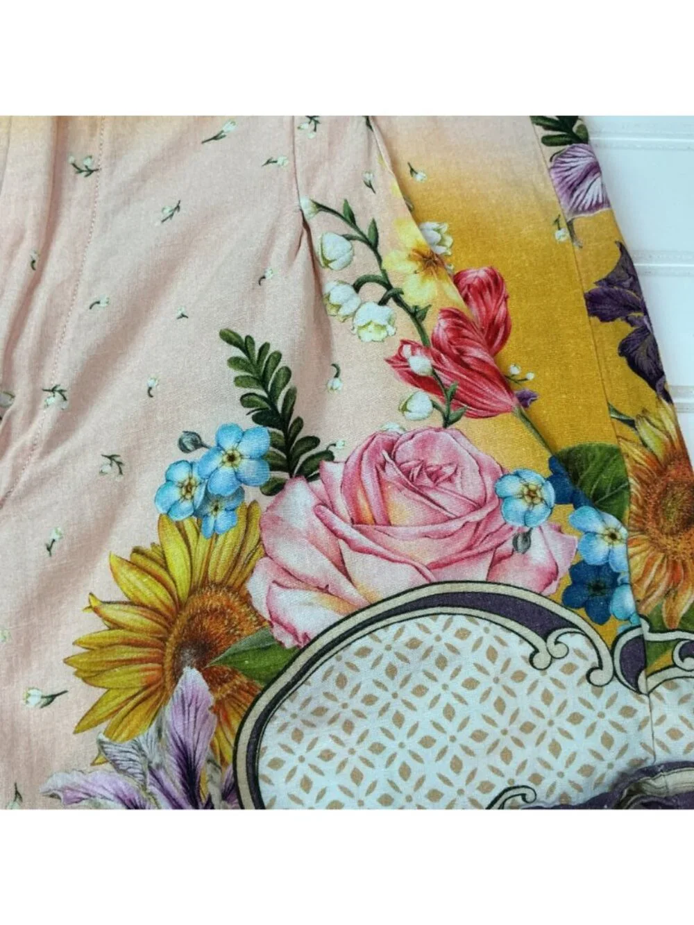 Agua Bendita Floral High-Waisted Shorts Handmade Womens Medium Pink/Yellow